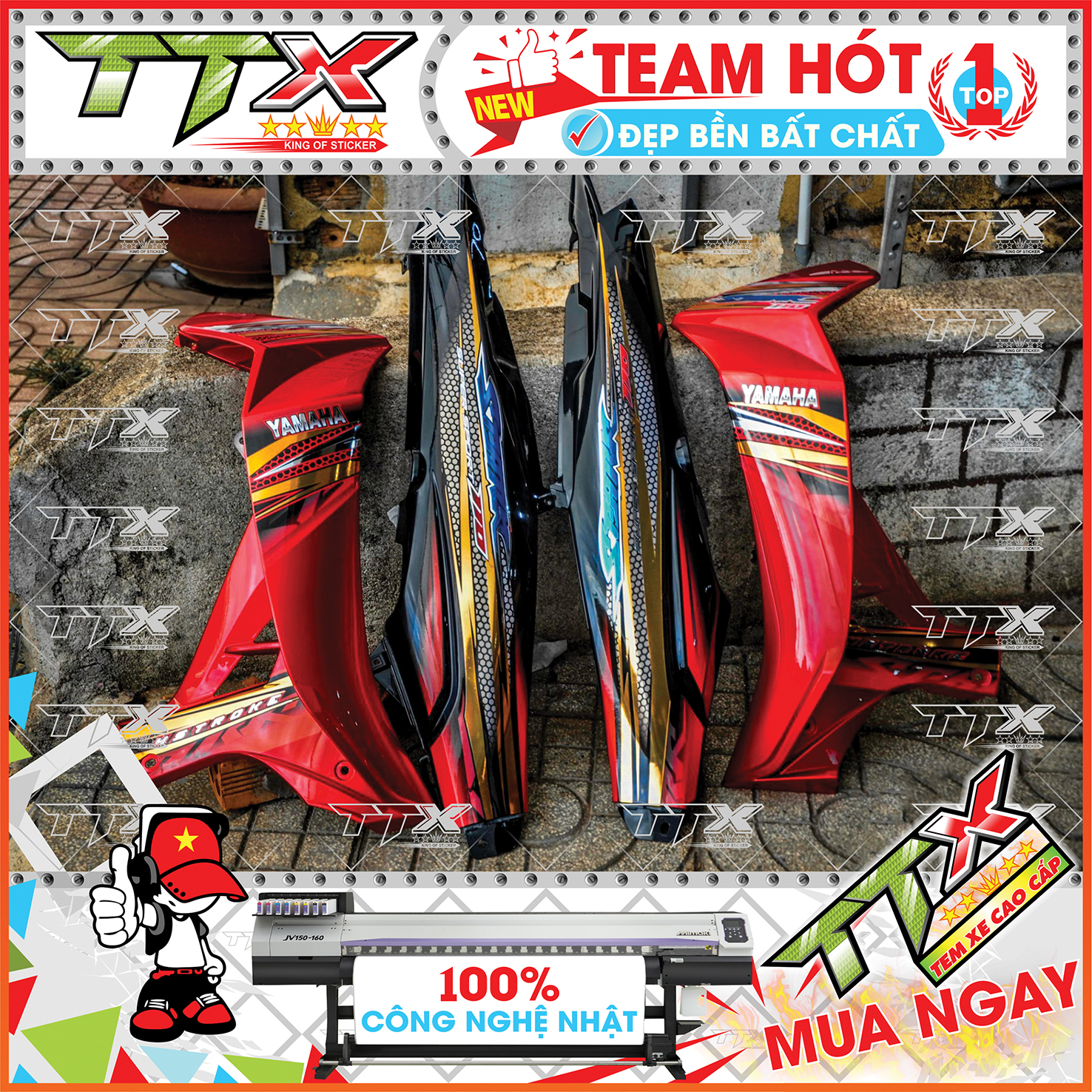 Tem rời sirius 110 tròn tổ ong , Team chế sirius dán xe màu đỏ nền đen siêu đẹp , Shop TTX Tem xe sirius