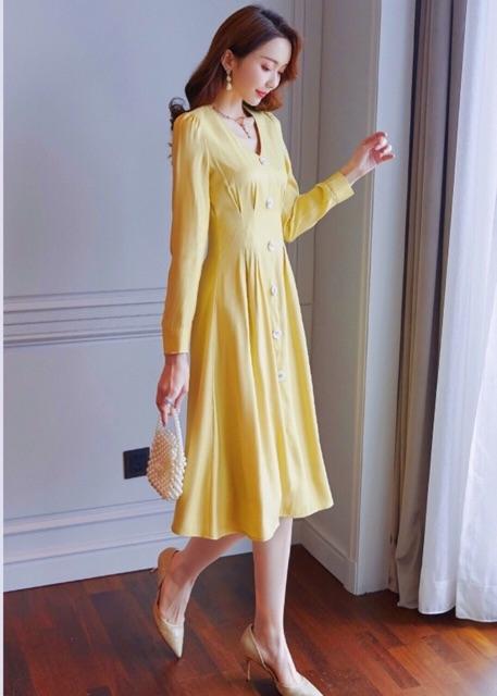 [HCM]Đầm vàng xếp li tay dài