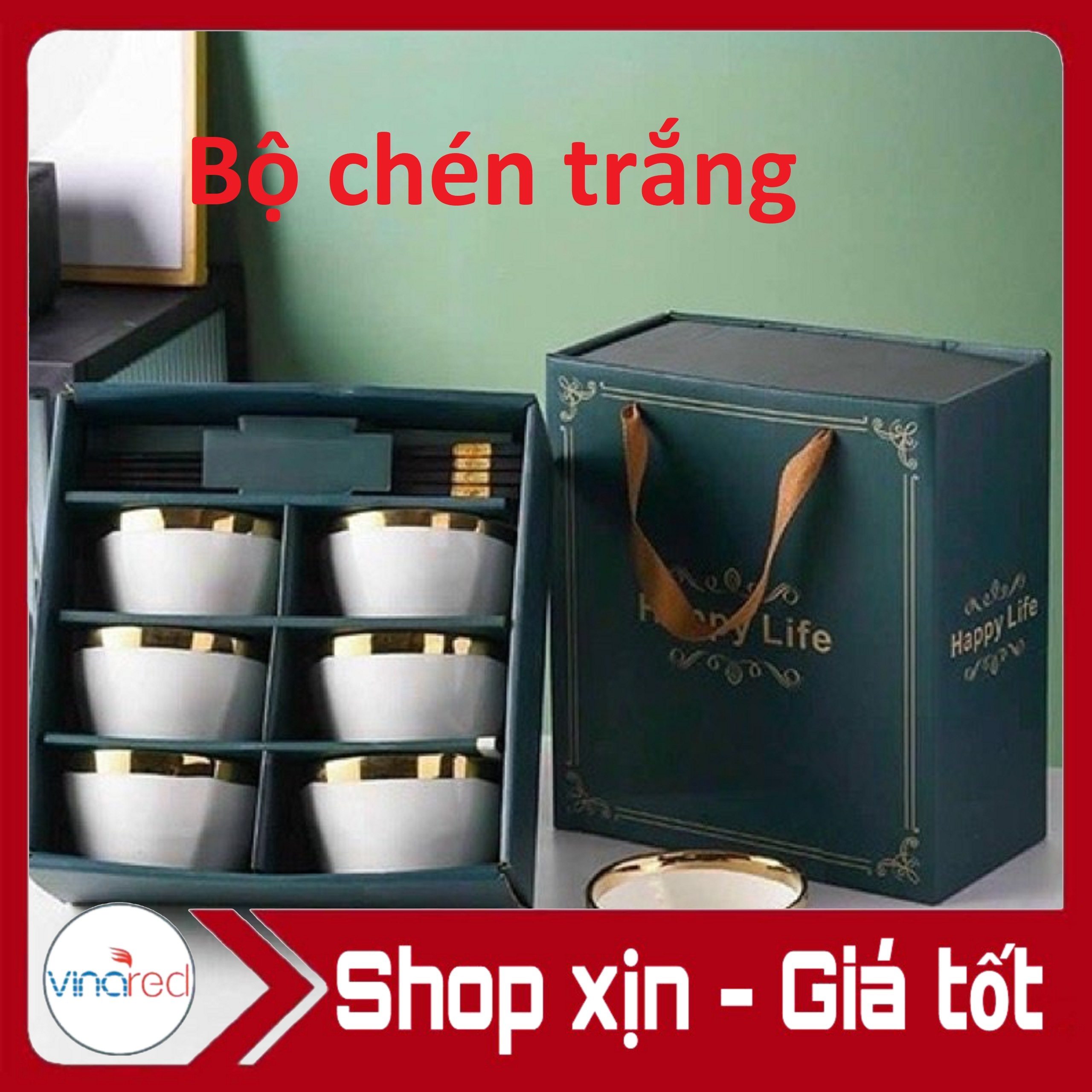 Bộ 6 chén bát Xanh/Trắng kèm 6 đôi đũa