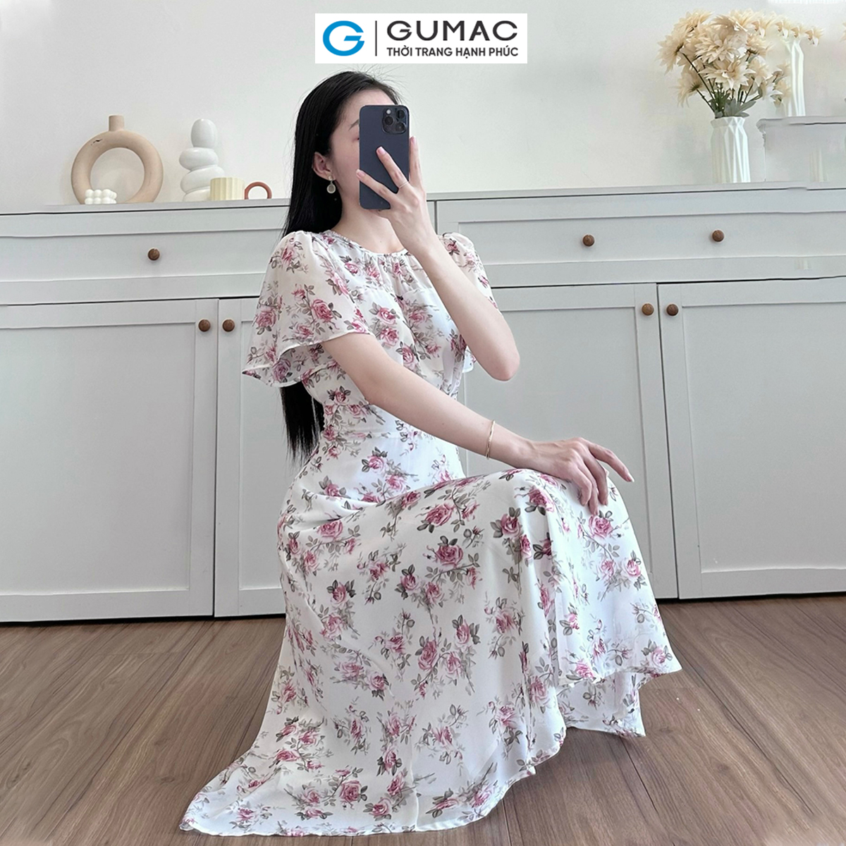 [15 - 17.6 |Voucher 8-15%] Đầm nữ dáng A công sở GUMAC LDD1217 nhún eo phối nút trang trí