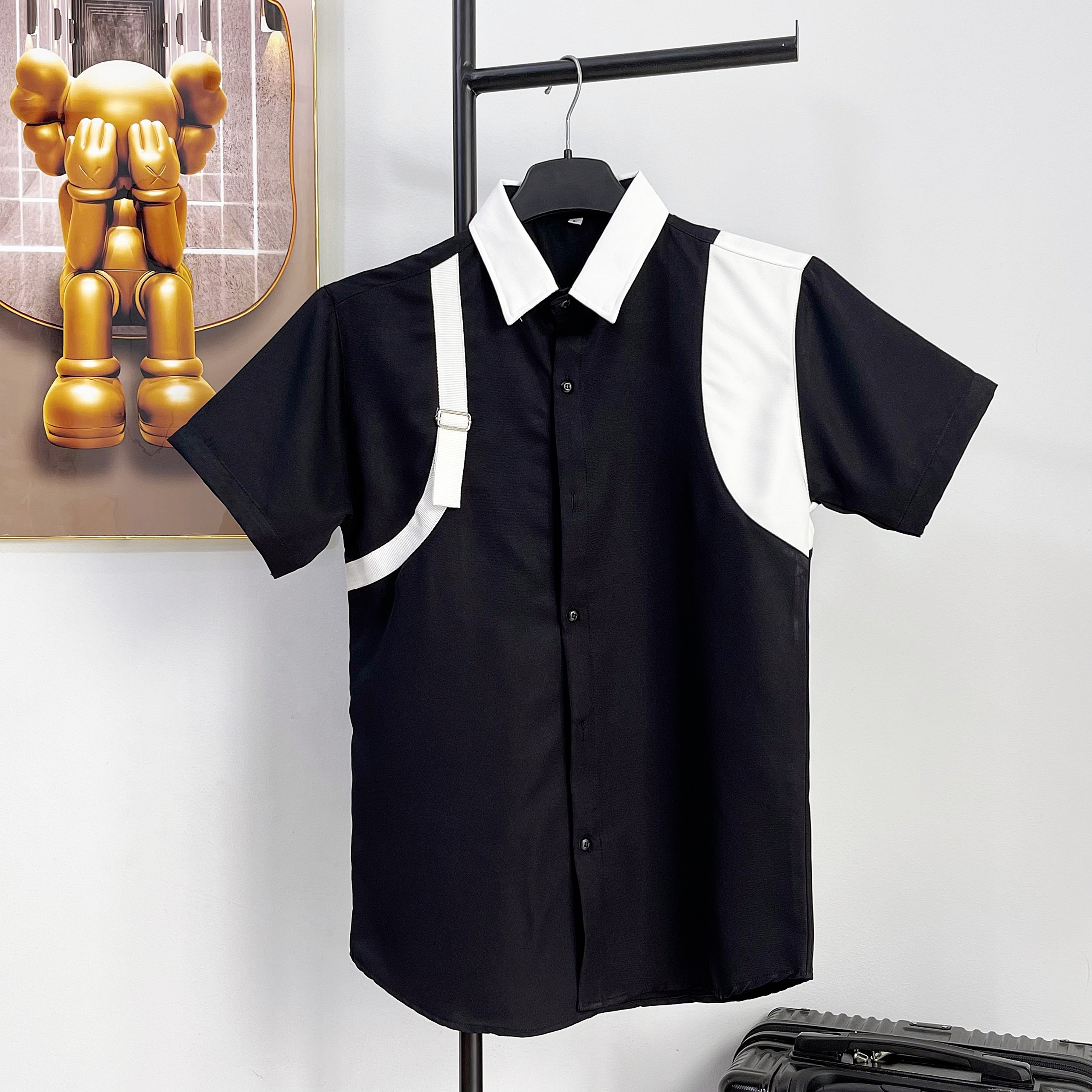 Áo sơ mi nam tay ngắn màu trắng phối khóa kéo đẹp cá tính chất lụa kate giá rẻ chuẩn shop