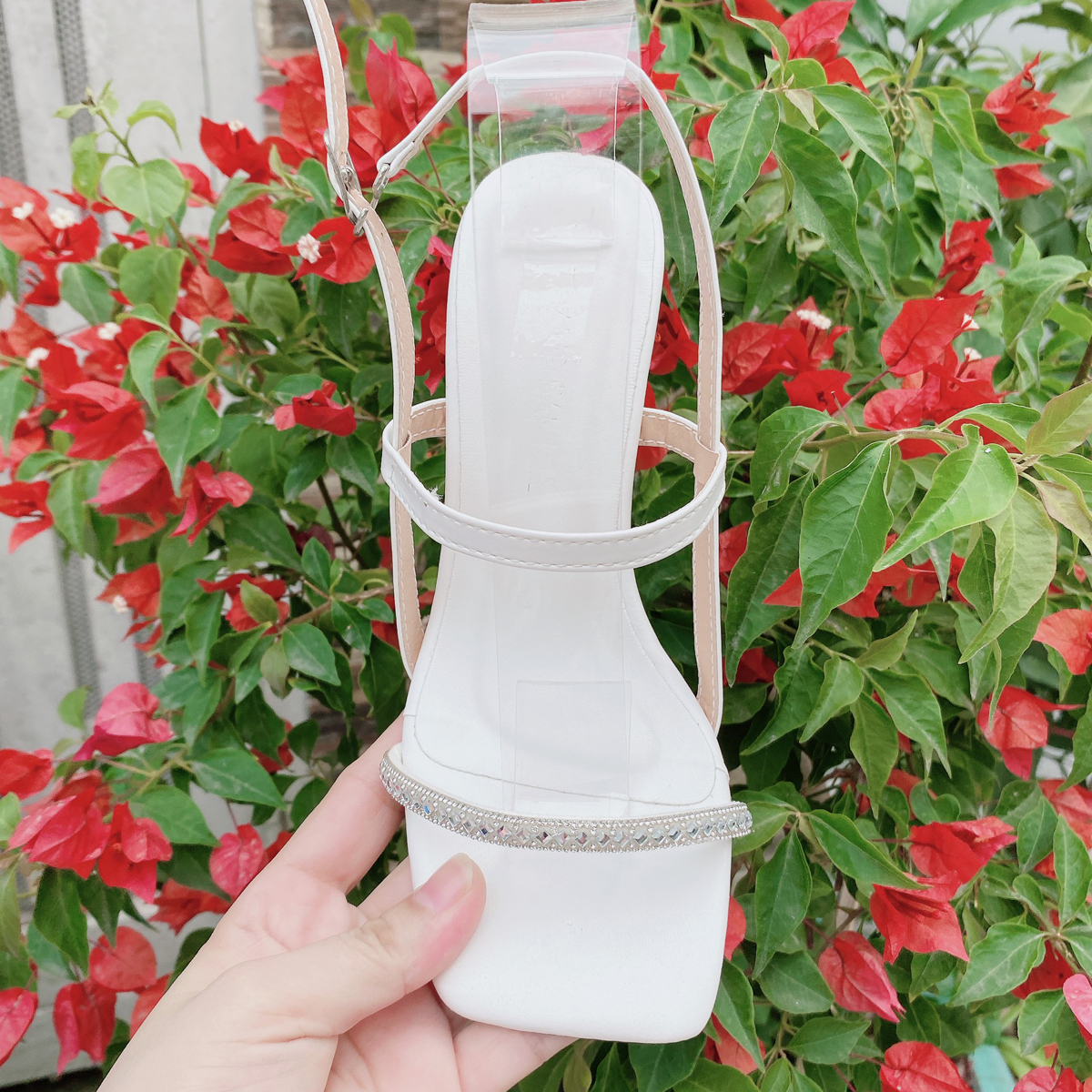 Sandal quai mảnh gót 9 phân TRẮNG