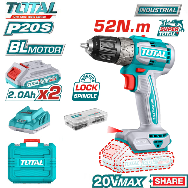 [HCM]MÁY KHOAN VẶN VÍT DÙNG PIN TOTAL 20V TDLI20453 - Động Cơ Ko Chổi Than
