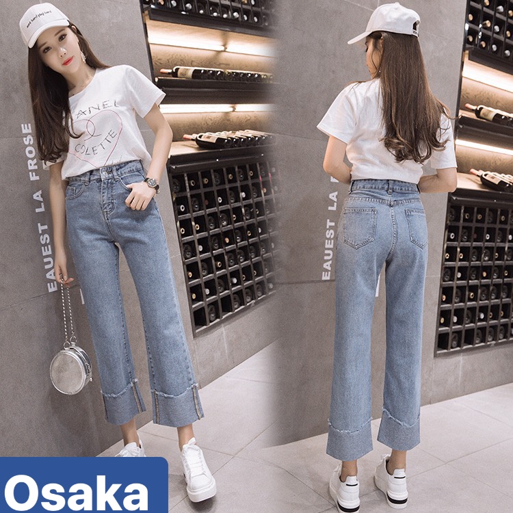 QUẦN JEAN BAGGY NỮ CHẤT BÒ XANH TRƠN GẤP LAI LƯNG CAO NÂNG MÔNG NHẬT BẢN OK-23 OSAKA FASHION