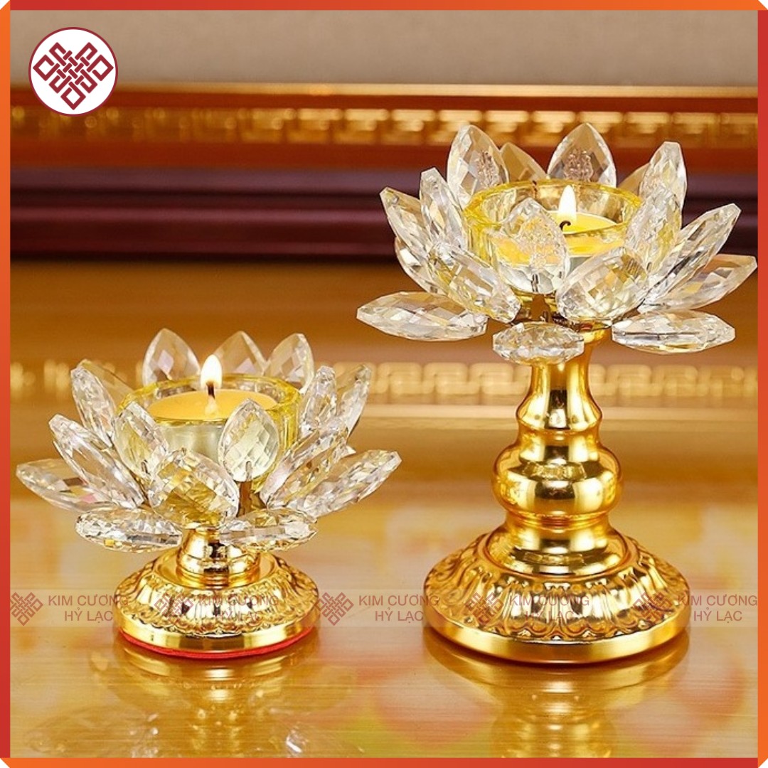 Chân Đèn đồ thờ cúng [Kim Cương Hỷ Lạc] Hoa Sen pha lê đế hợp kim