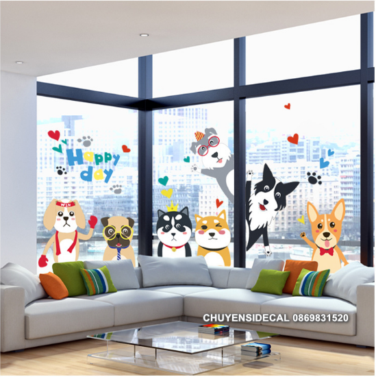 [HCM]Decal trang trí tường - Bày Chó HAPPY DAY