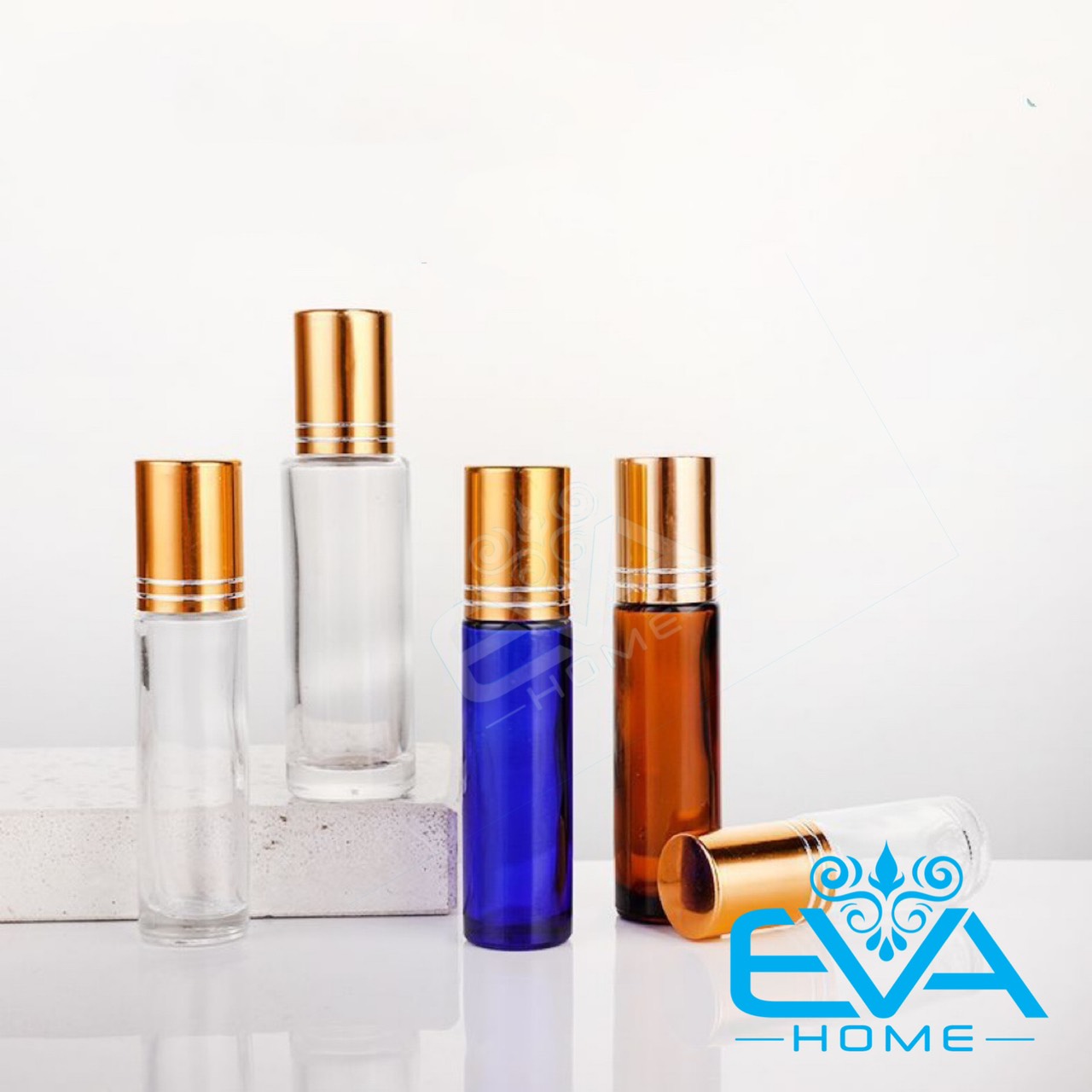 Chai chiết thuỷ tinh đầu lăn bi nắp vàng 10ml / chai bi lăn 10ml trắng nắp vàng sp1170