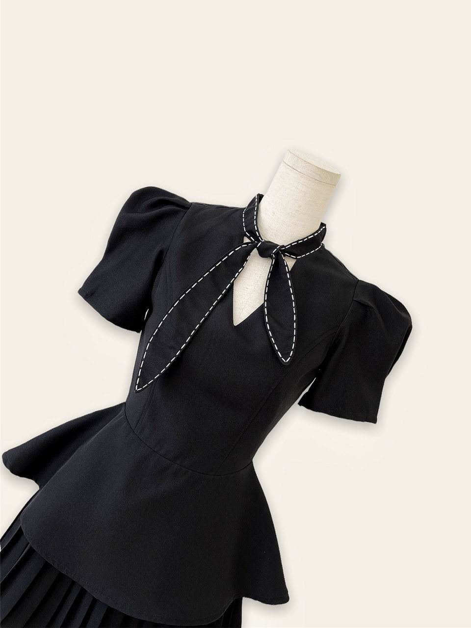 [Ảnh thật] Áo peplum cổ V chỉ nổi cột nơ cổ
