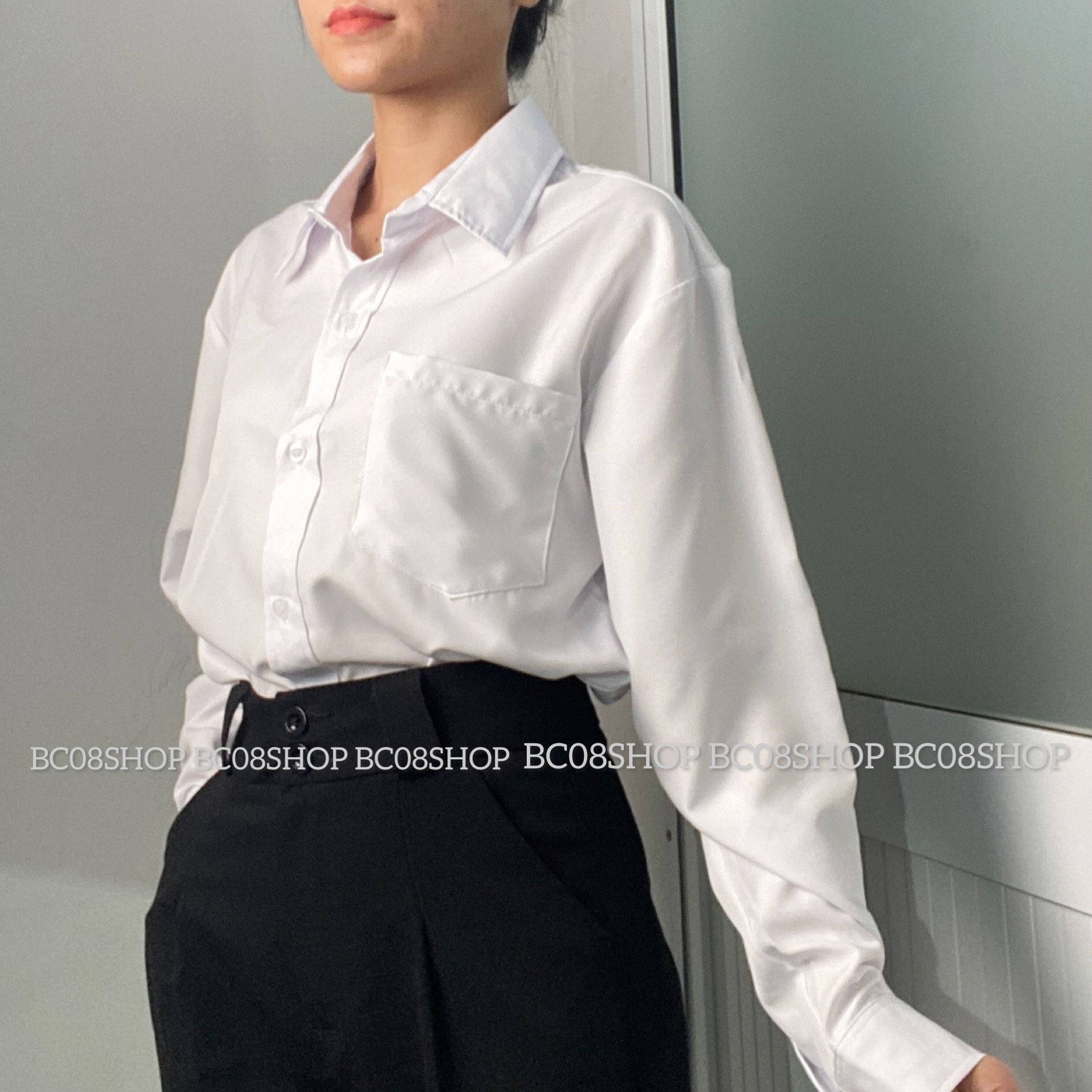[HCM]Áo Sơ Mi Trắng Tay Dài Túi Basic Phong Cách Unisex BC047