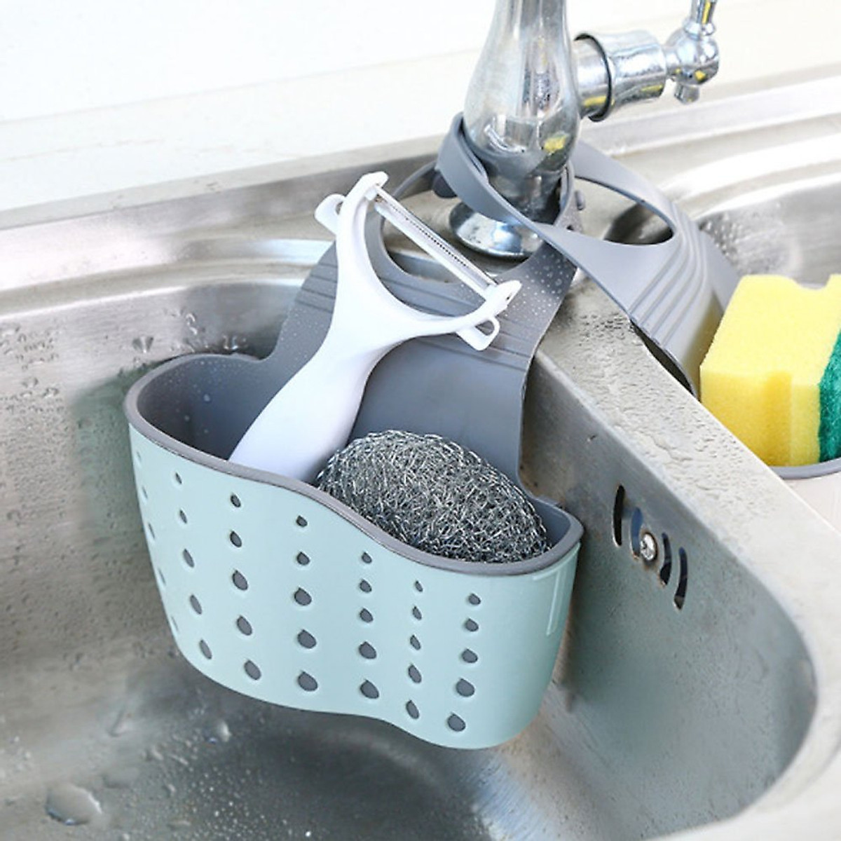 Giỏ đựng đồ rửa chén, túi giỏ silicon treo bồn rửa chén bát đựng miếng rửa chén, bàn chà tiện lợi