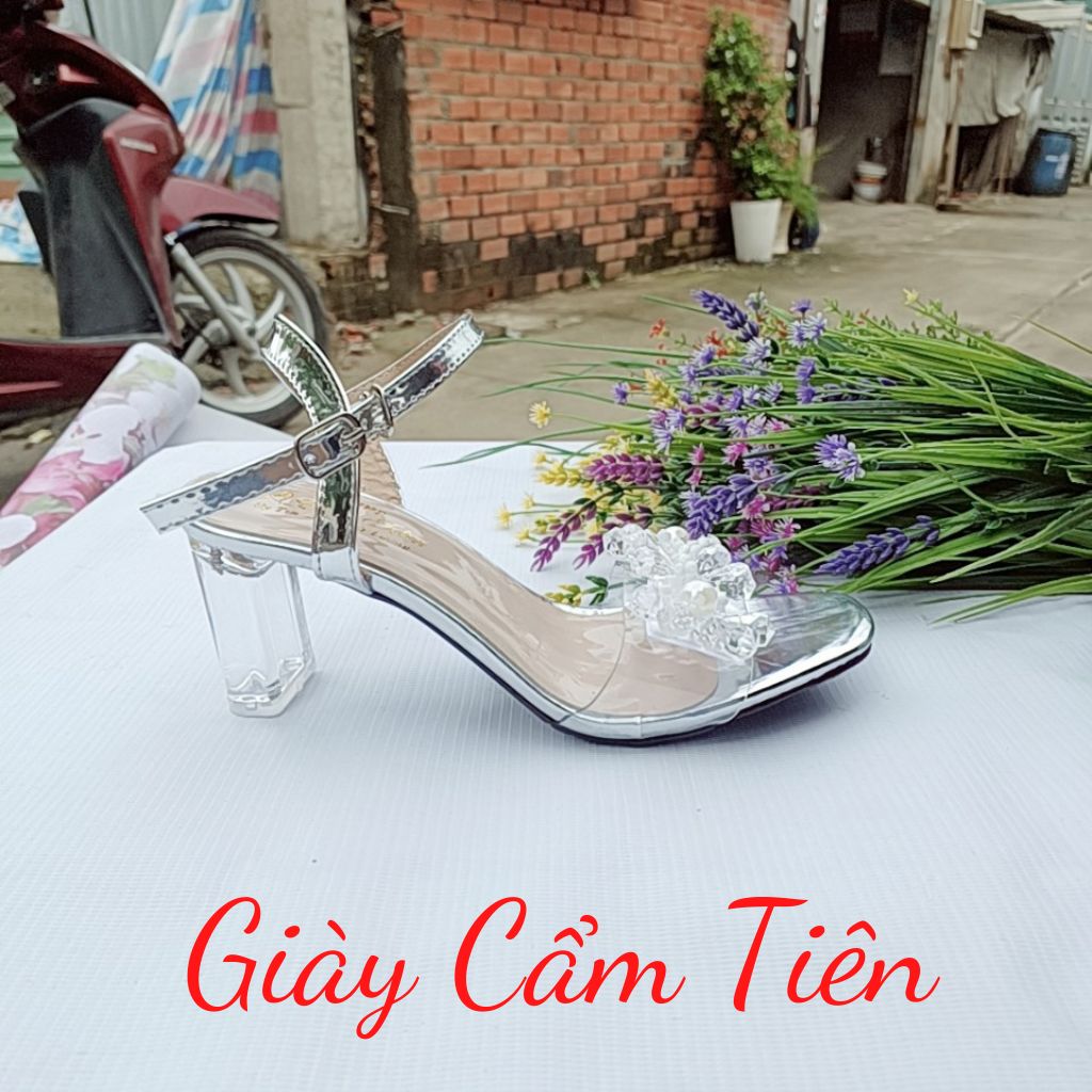 Xăng đan nữ quai ngang họa tiết màu bạc cao gót 7cm big size 33 đến 44