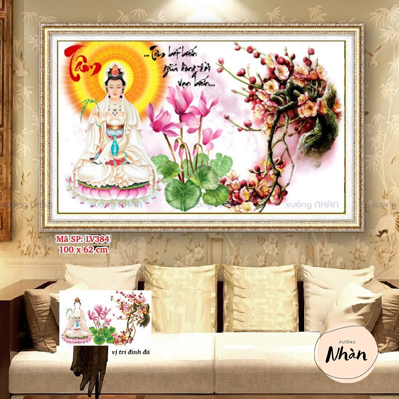 Tranh đính đá chữ tâm - phật quan âm - kt 100x63cm - tranh chưa đính lv384 - hoa sen hoa đào