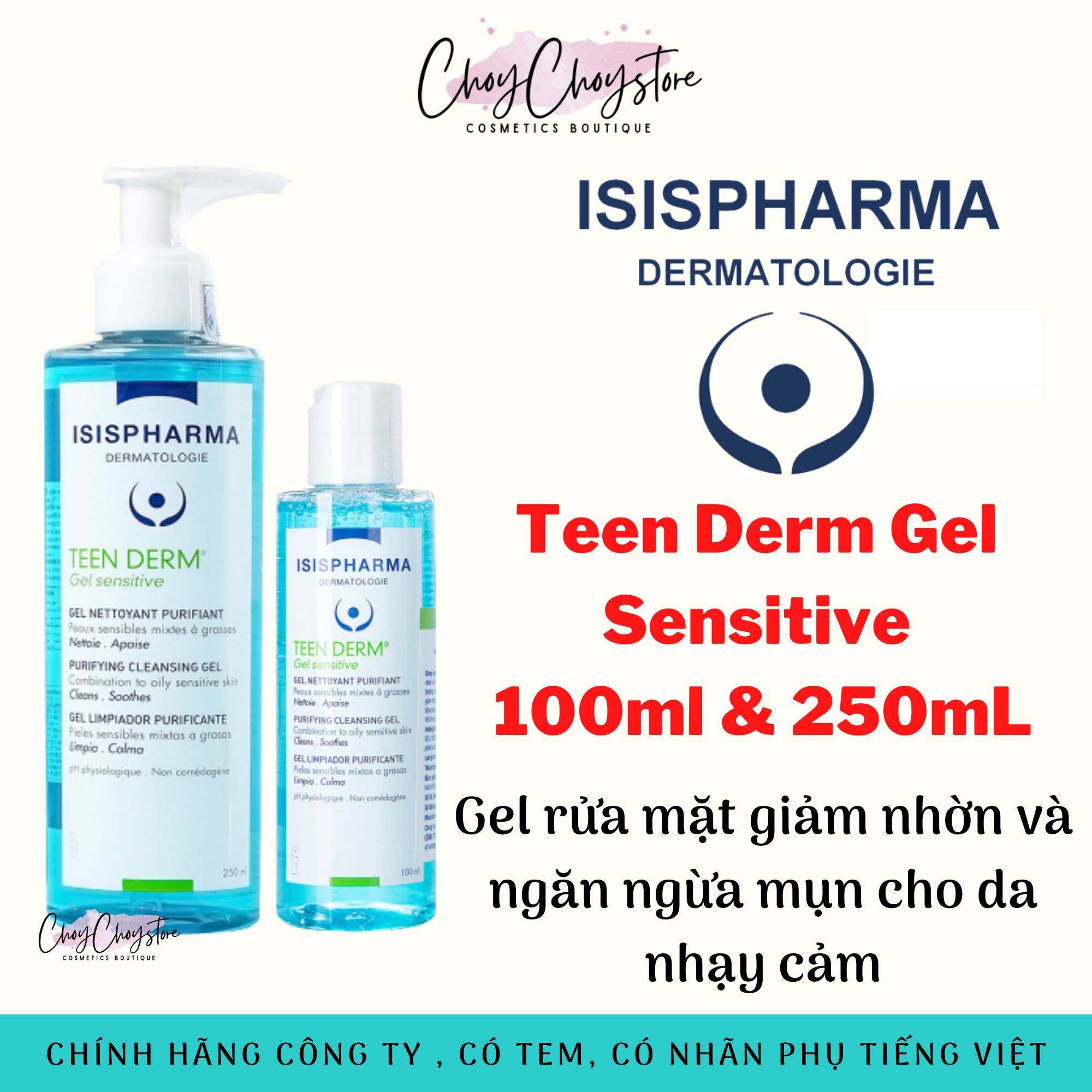 Sữa Rửa Mặt ISIS Pharma Teen Derm Gel Sensitive 100ml & 250mL Giúp Giảm Nhờn Mụn Cho Da Nhạy Cảm (Tem Cty)
