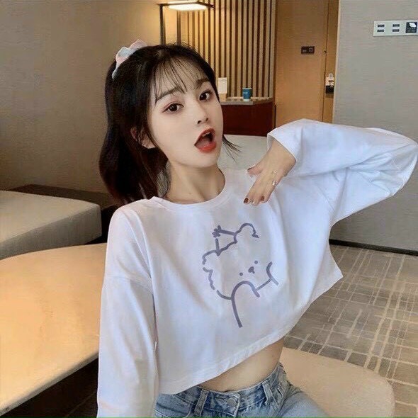 Áo Croptop nữ form rộng Unisex tay dài HÌNH GẤU Freesize 45-70kg áo thun nam form rộng tay dài áo phông nữ form rộng