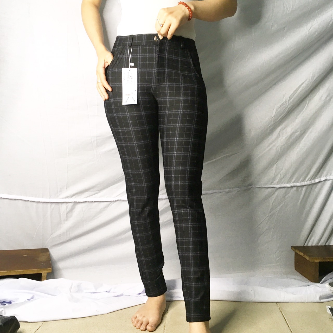 [HCM]Quần cotton sọc caro dài dây kéo