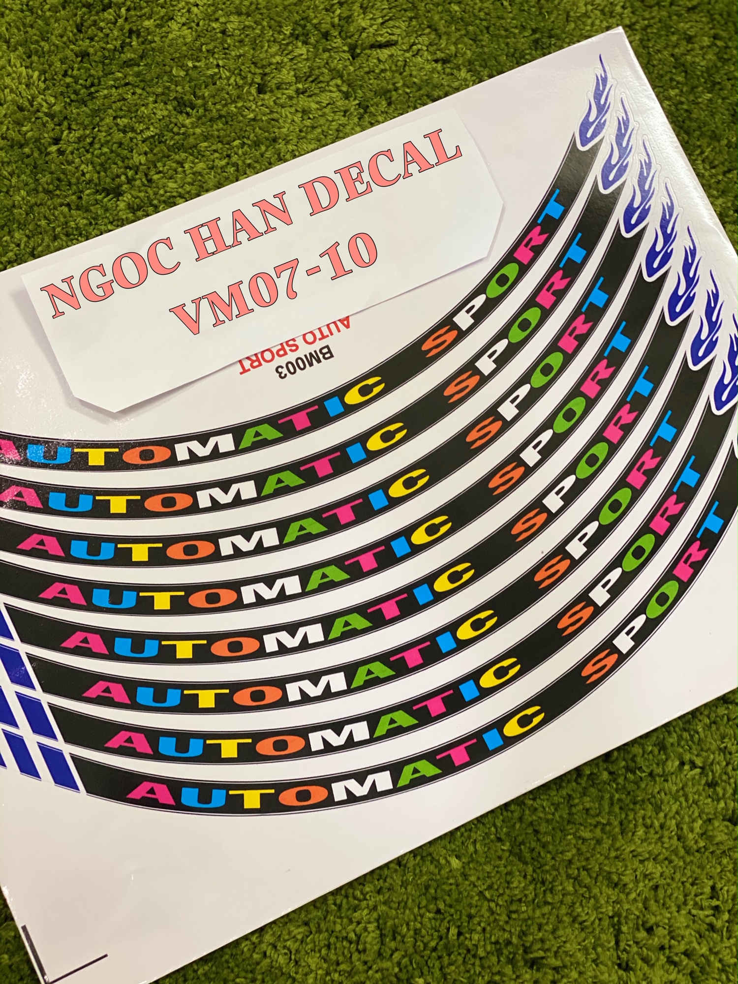 Nguyên bộ tem Automatic 7 màu tia lửa xanh dương nền đen dán vành trước, sau xe máy -- NGỌC HÂN DECAL