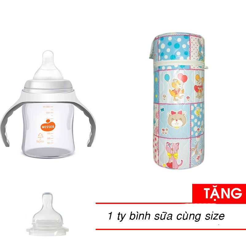 Bình sữa Wesser cổ rộng 180ml + 1 ủ bình sữa cổ rộng tặng 1 ty bình sữa cùng size