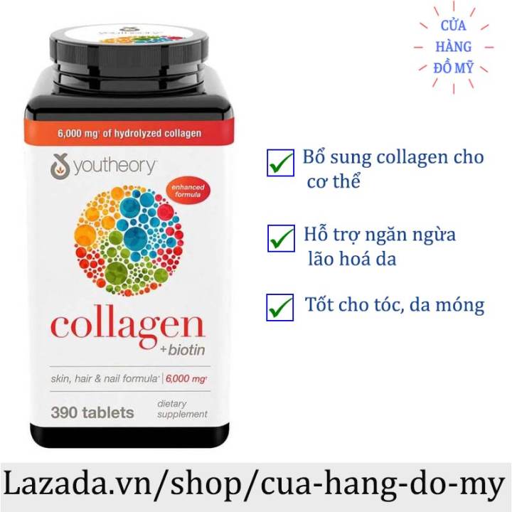 Viên Uống Collagen Youtheory collagen + biotin Advanced Formula 390 Viên