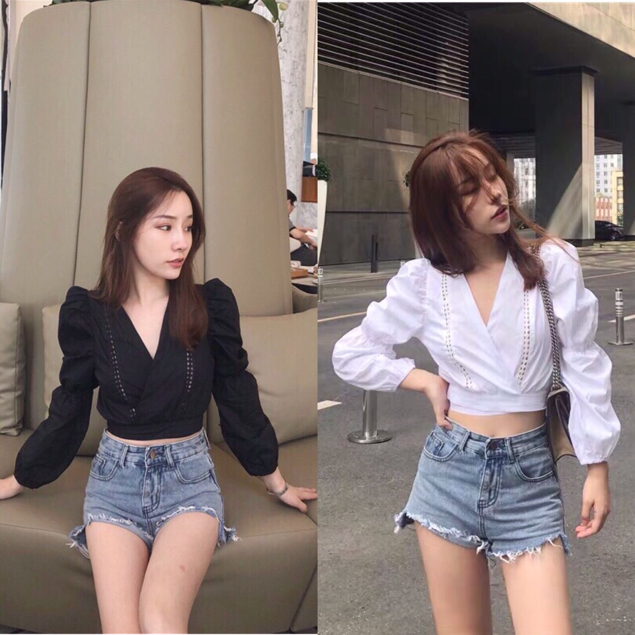 Áo Voan Tay Dài Kiểu Cổ V Form Croptop Phối Dây Thăc Nơ Sau Lưng Cá Tính TTSL0298