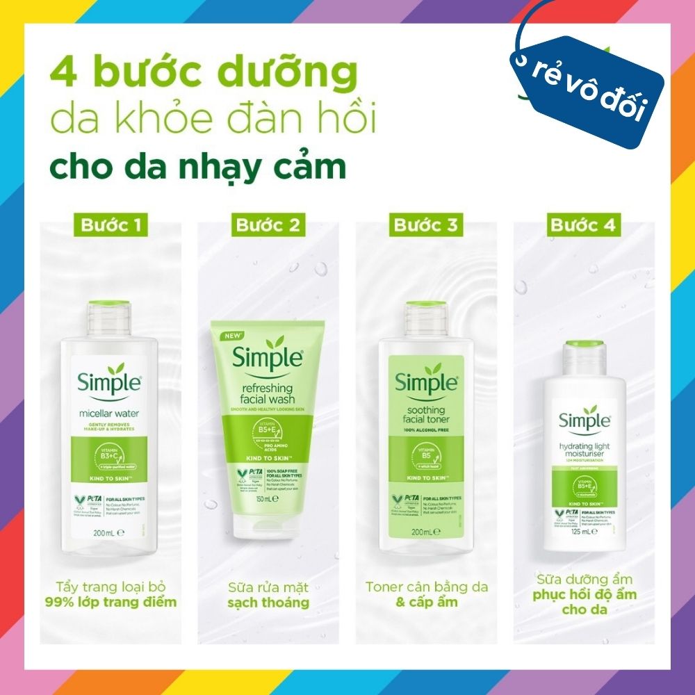 Bộ Sản Phẩm Simple Nước Tẩy Trang 200ml + Sữa Rửa Mặt 150ml + Nước hoa hồng 200ml + Sữa Dưỡng Da 125ml