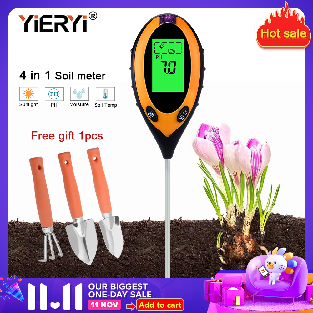 yieryi 4 IN 1 Digital Soil Moisture Meter PH Meter Temperature Sunlight Tester gardening tools for plant