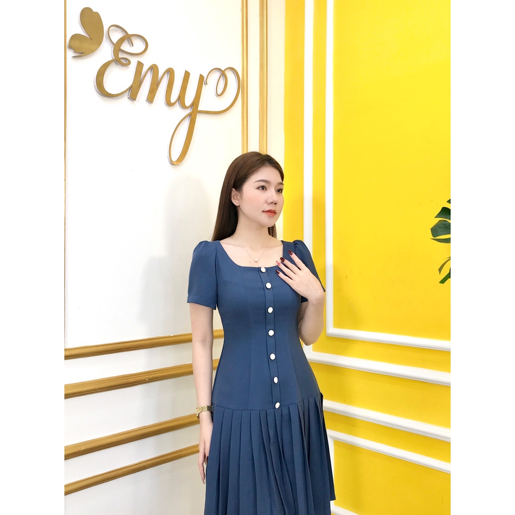 Đầm EMY EM6609 Xòe Xanh Navy Dập Ly