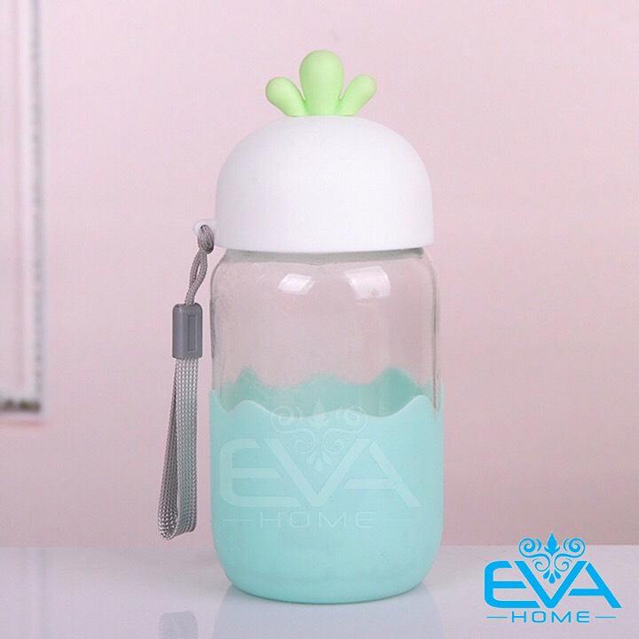 [HCM]Bình Nước Thủy Tinh Nắp Củ Cải Thân Bọc Silicone 300ml