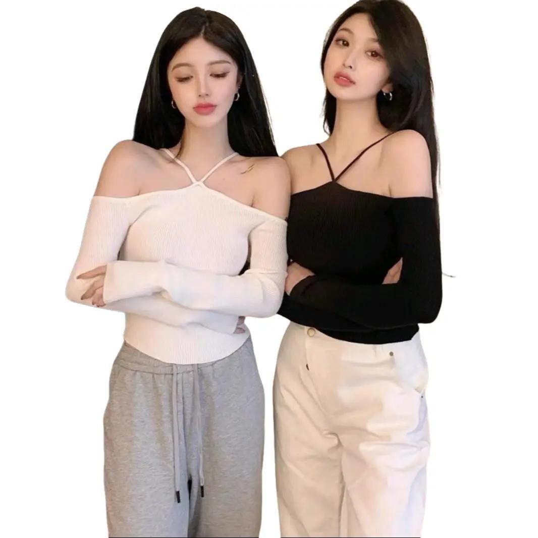 Áo thun croptop trễ vai dây V tay dài Nữ Cổ bẹt vai Women A54