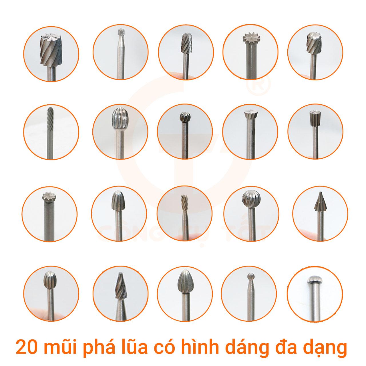 Bộ 20 mũi khắc, mài, làm lũa cao cấp