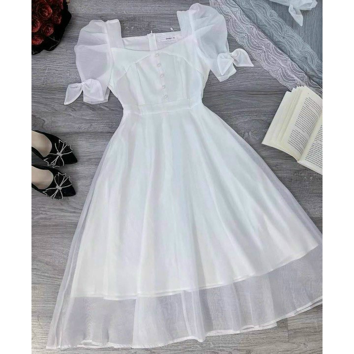 [Mới] Đầm Voan Cổ Vuông Tay Nơ Kết Cườm