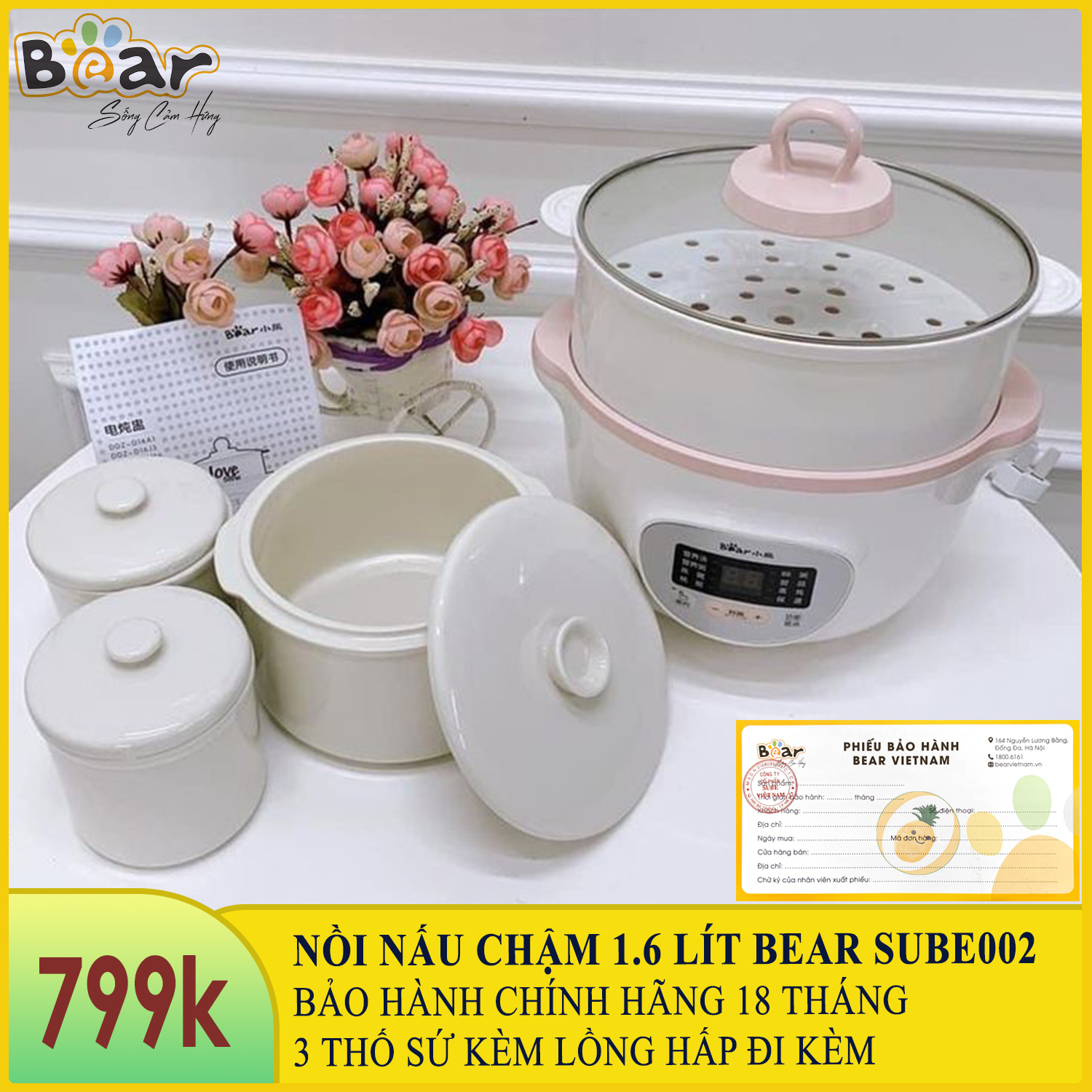 Nồi nấu chậm Bear 1.6L SUBE002, Nồi nấu cháo chậm, nồi hầm cháo cho bé Bear Phiên bản Quốc tế - HDSD tiếng Việt