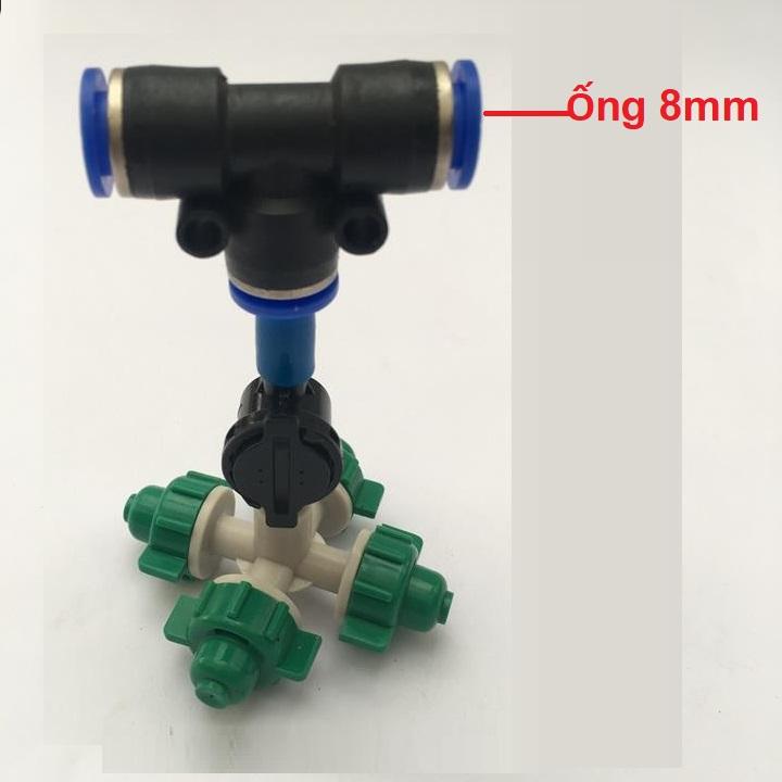 Vòi phun sương 4 cửa có van áp chống nhỏ giọt dùng ống phun sương PU 8mm; 10 hoặc 12mm