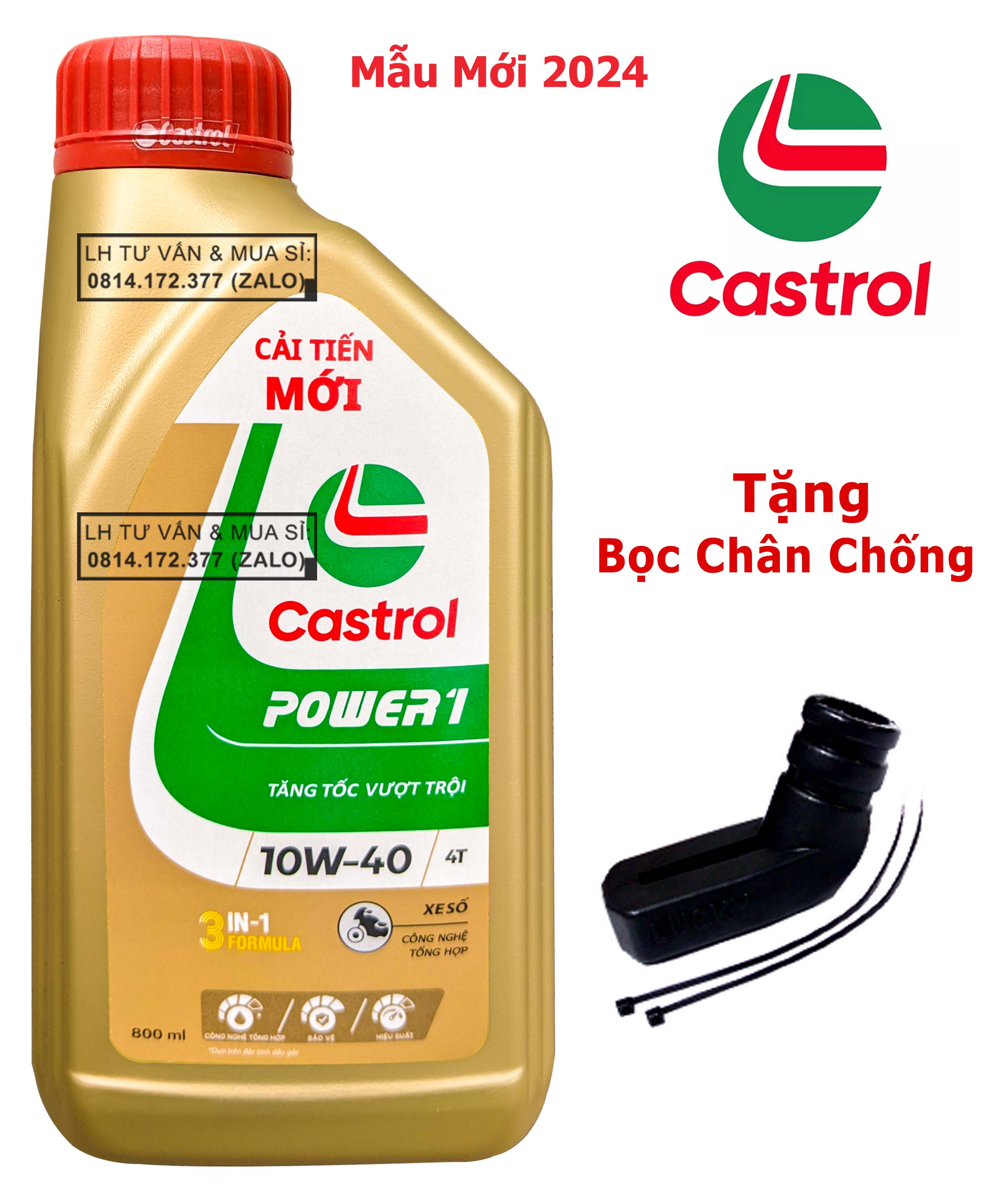 Dầu nhớt tổng hợp xe số Castrol Power-1 10w40 800ml ( 0.8L ) + Tăng bọc chân chống xe máy