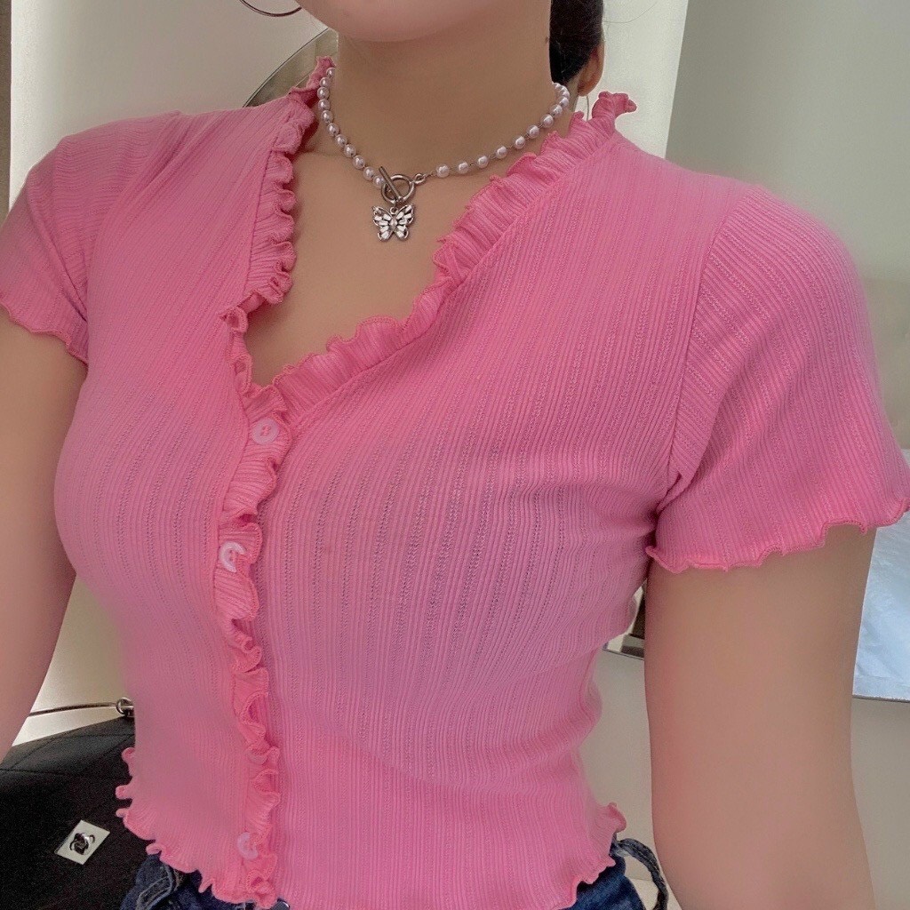 [HCM]ÁO KIỂU VIỀN BÈO NÚT BỌC CROPTOP SIÊU CUTE