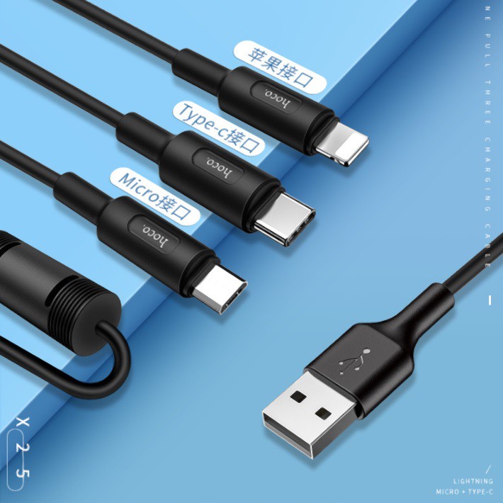 Cáp sạc đa năng 3 đầu Lightning iPhone Micro USB Type C Hoco X25 màu đen