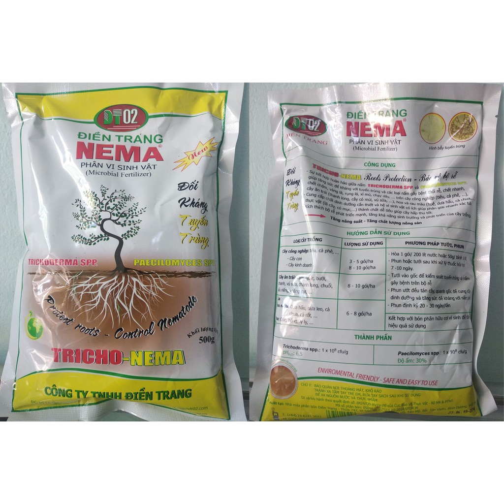 SET 02 gói Phân vi sinh vật Điền Trang Tricho NEMA 500g, Đối kháng tuyến trùng và nấm bệnh gây hại