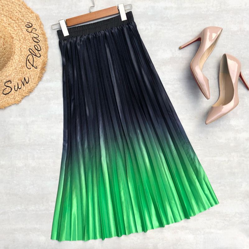 Chân Váy Midi Lưng Cao Bằng Lụa Satin Màu Gradient Thời Trang Cho Nữ