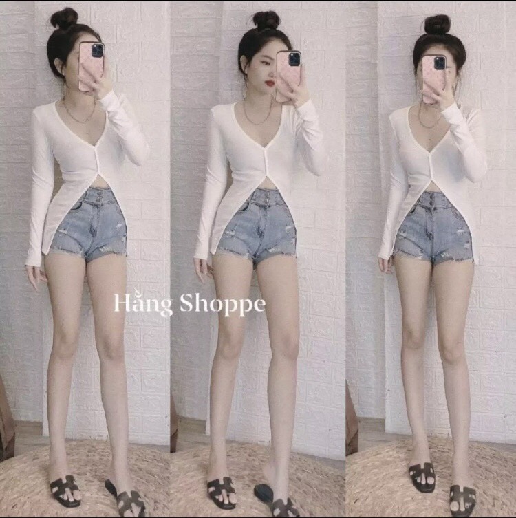 Aó thun gân cổ tim tay dài xẻ tà