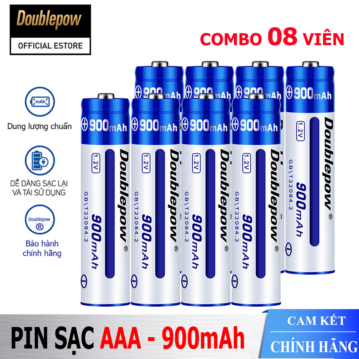 [Hộp 8 viên] Pin sạc AAA 900mAh Doublepow cao cấp (pin xanh) - Bảo hành chính hãng