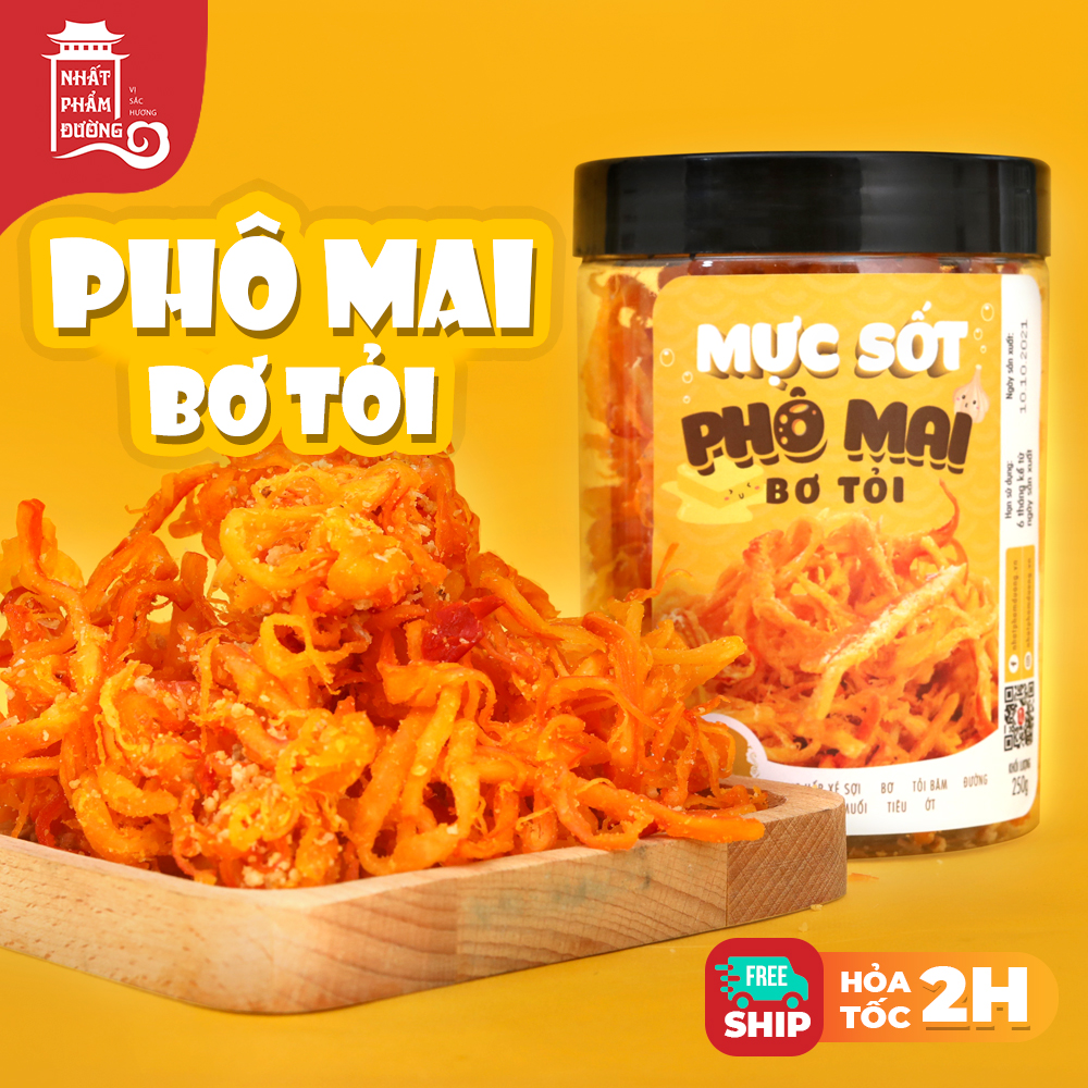 Khô mực phô mai bơ tỏi Nhất Phẩm Đường 250g vị ngọt bùi ngậy của sốt phô mai kết hợp bơ tỏi mực xé sợi nhỏ làm đồ ăn vặt