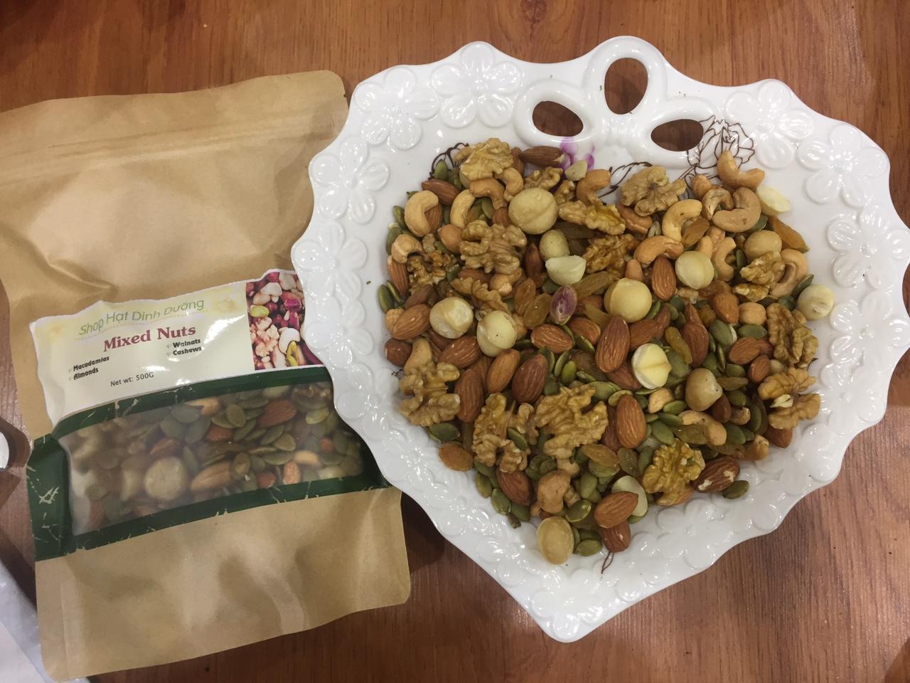 500g hạt hỗn hợp mix 6 loại hạt (macca, hạnh nhân, óc chó, điều, bí, hướng dương, nho)