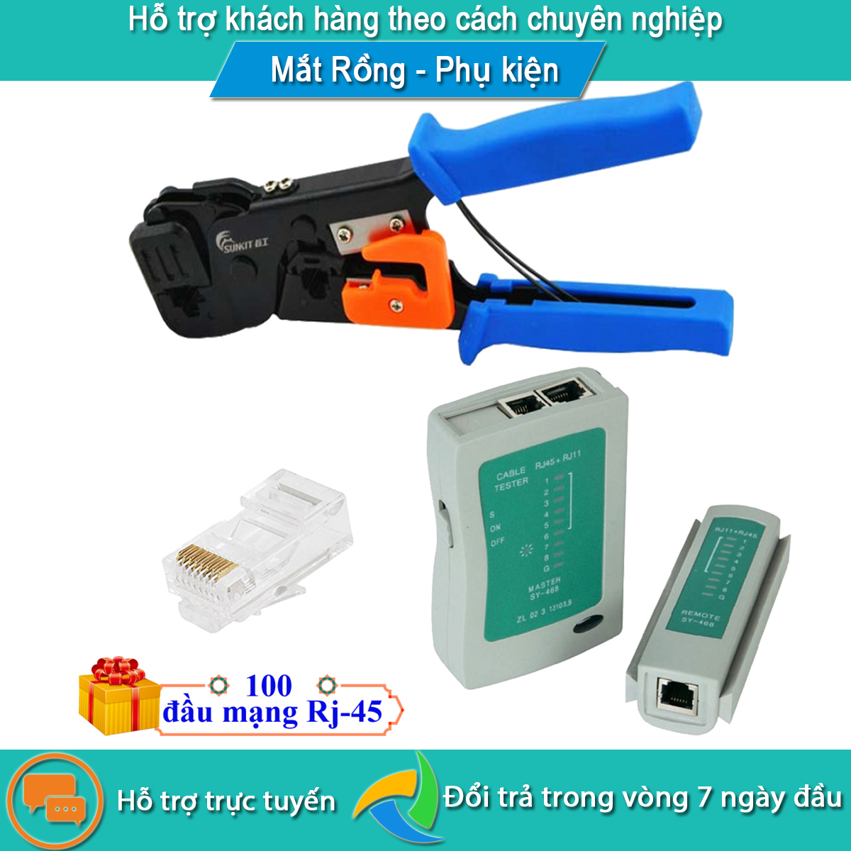 [Tặng 100 đầu mạng RJ-45] Bộ kìm bấm mạng Sunkit và test cable mạng chất lượng cao đầu bấm chắc chắn giúp bấm cable dễ dàng