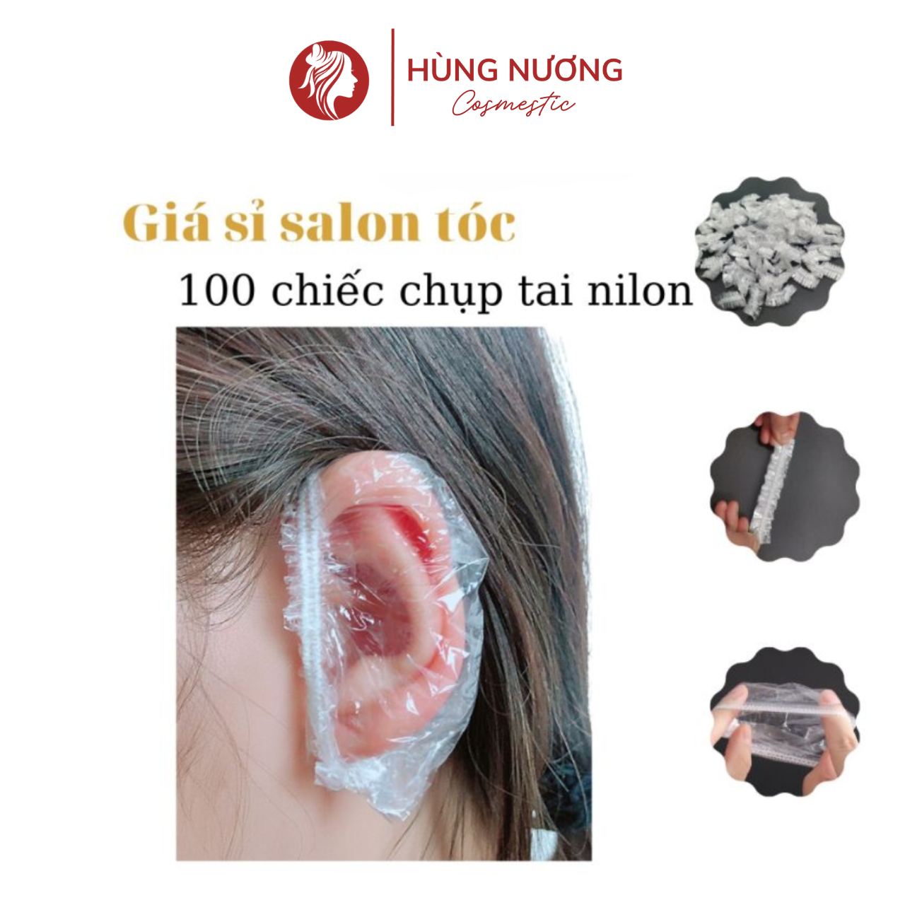 Chụp tai nilong, bao trùm lỗ tai có thun co dãn chụp sát lỗ tai, mỏng nhẹ, không đau tai, chụp lại khi làm tóc