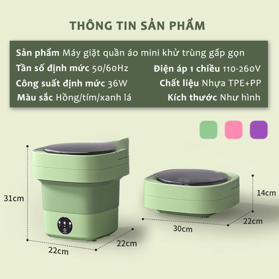 Máy giặt mini gấp gọn, máy giặt tự động khử khuẩn bằng anh sáng xanh, dung tích 6L giặt đồ lót, giặt đồ em bé tiện dụng