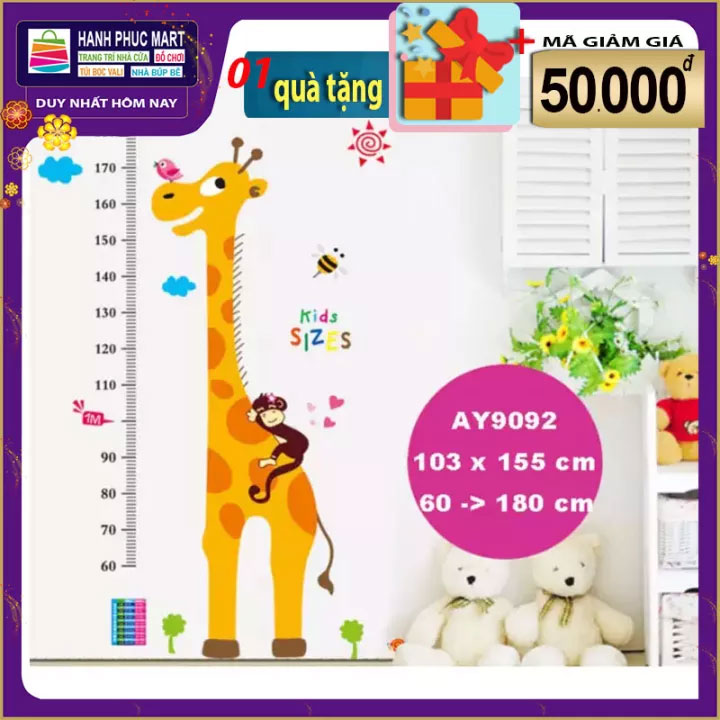 Decal dán tường đo chiều cao cho bé màu sắc đẹp AY9092 Sticker Tranh Dán Tường- Decal dán tường cho bé - Decal dán tường động vật