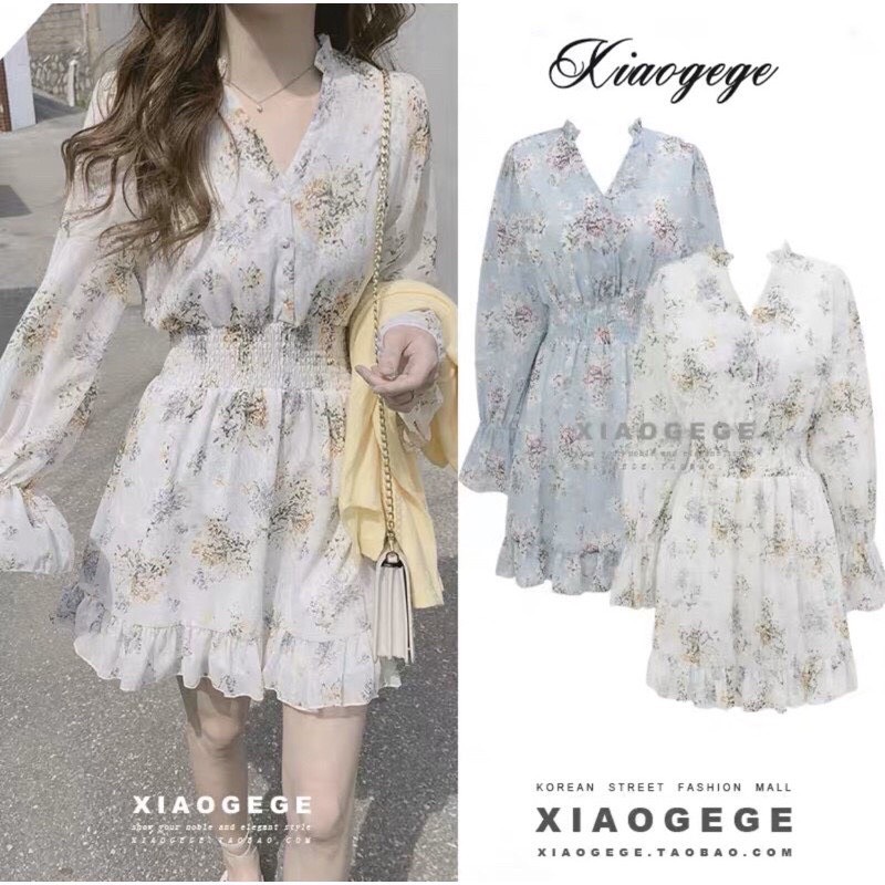 Váy hoa nhí Vintage đuôi cá dài tay có chun eo