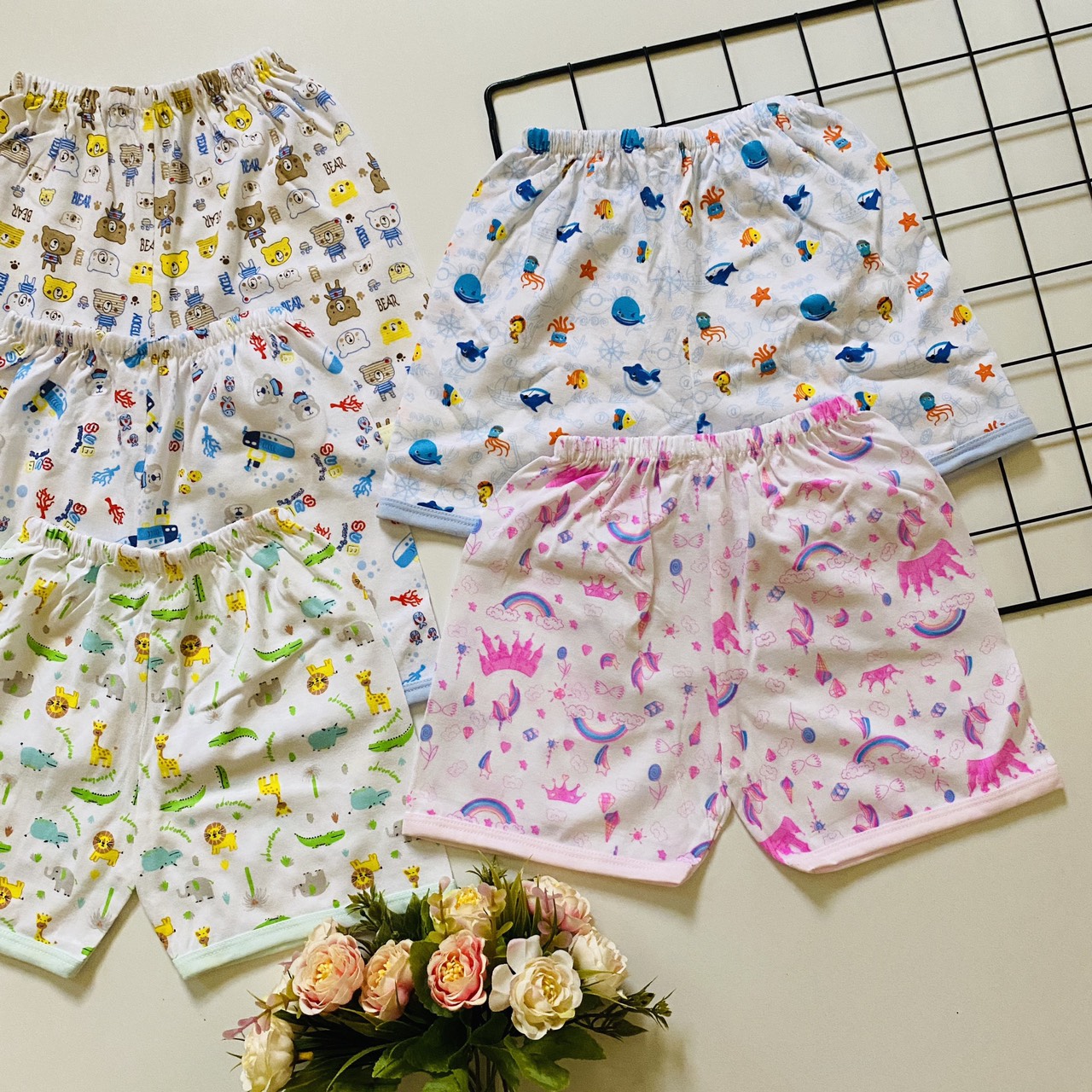 [HCM]Combo 5 Quần sơ sinh Ngắn Họa Tiết In Tràn ( 100% Cotton Cao Cấp)