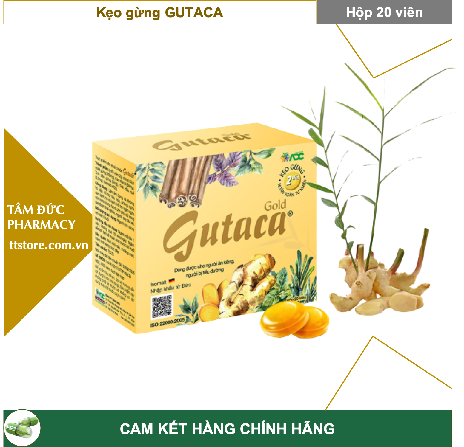 Kẹo Gừng GUTACA Hộp 20 viên - Dùng được cho người tiểu đường, nhập khẩu từ