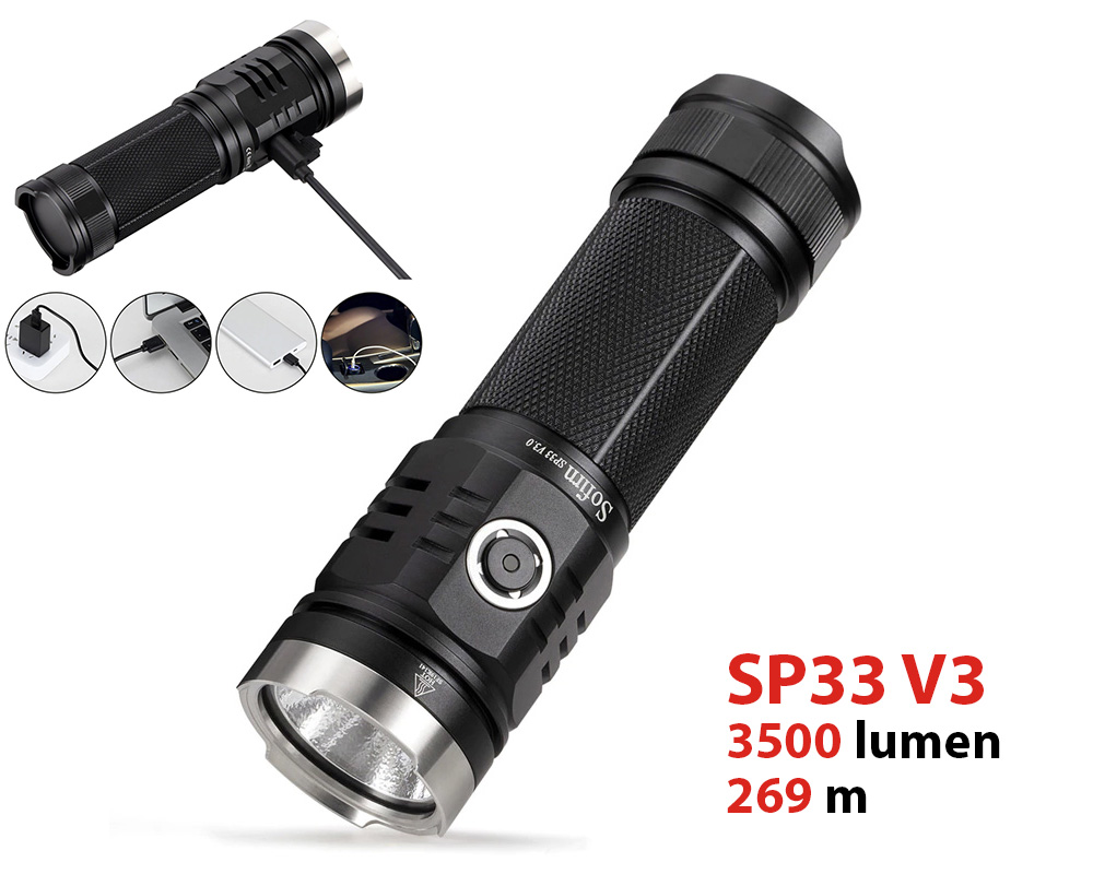 Sofirn sp33 v3 đèn pin chiếu rộng độ sáng 3500 lumen chiếu xa 269m led cree xhp50 cổng sạc usb pin 26650