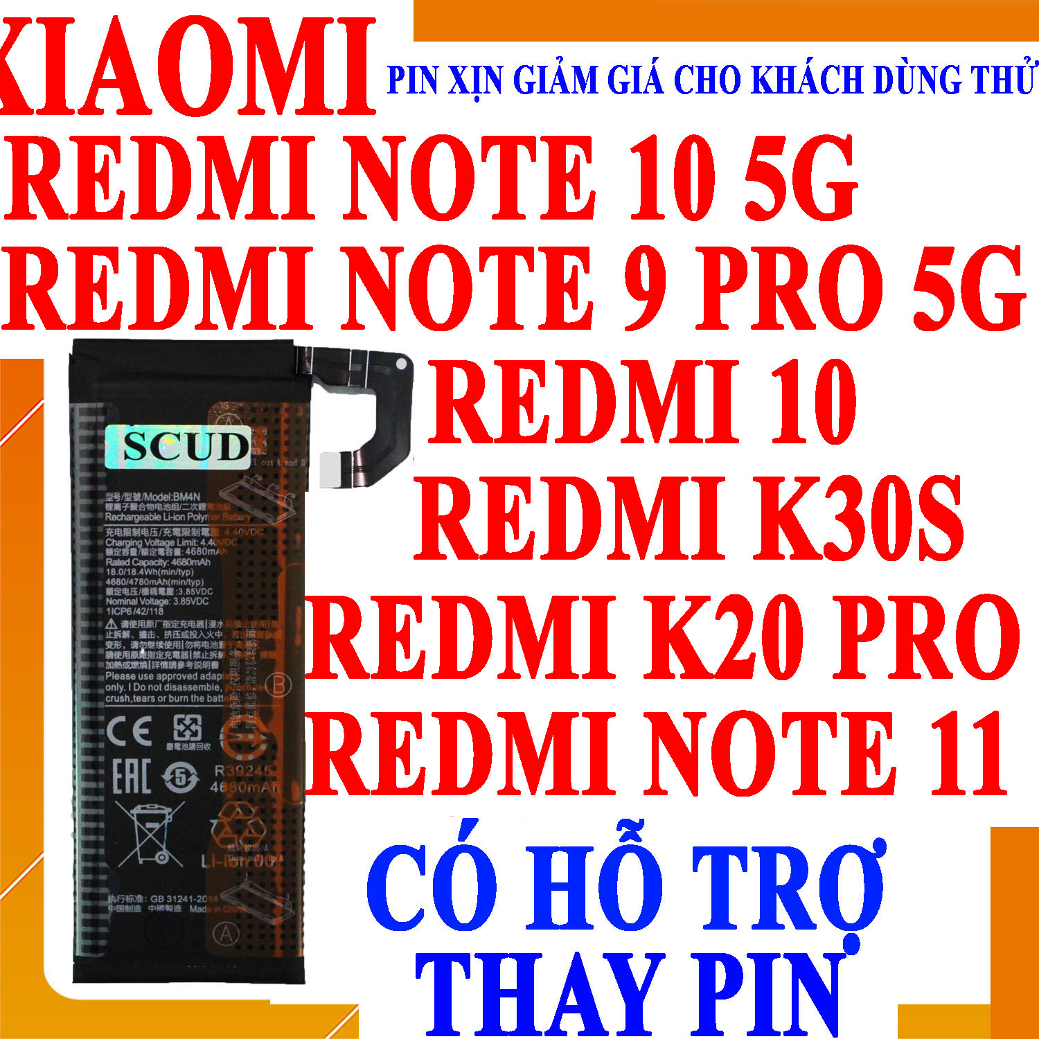 Pin scud cho xiaomi redmi note 10 5g, xiaomi redmi note 11, xiaomi redmi 10, redmi k30s, redmi note 9 pro 5g, redmi k20 pro